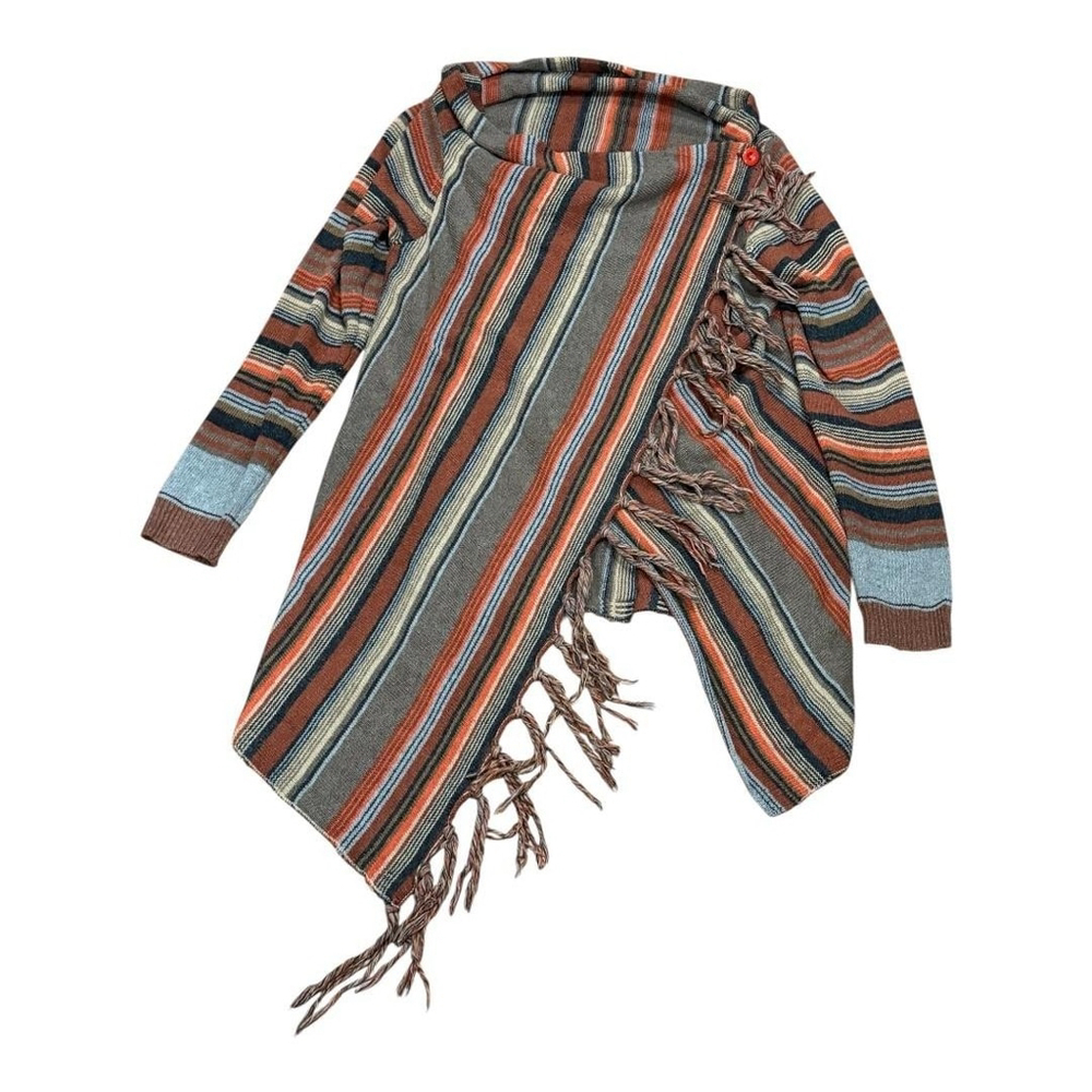 Sweater Womens One Size Brown Multi Stripe Fringe Boho Open Cardigan